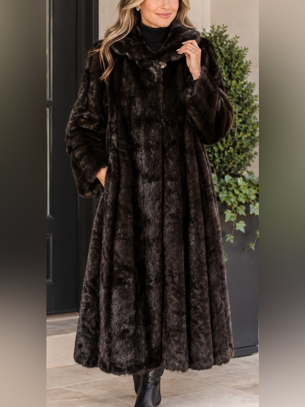 Gorgeous Pamela McCoy Dark Brown Faux Fur Long Coat, Like New Condition, Size M
